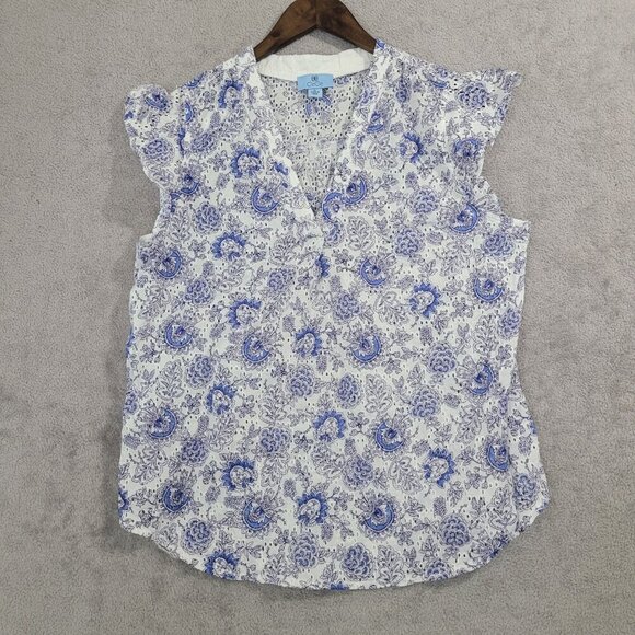 CeCe Womens Blue & White Floral Lace Trim Blouse Size XL - Picture 1 of 7